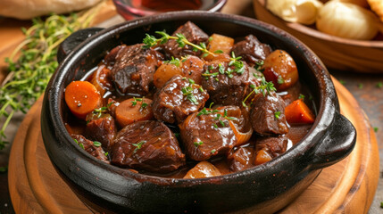 Transport your taste buds to the French countryside with this rustic Beef Bourguignon. Slowly cooked over a crackling fire the tender beef and hearty vegetables melt together