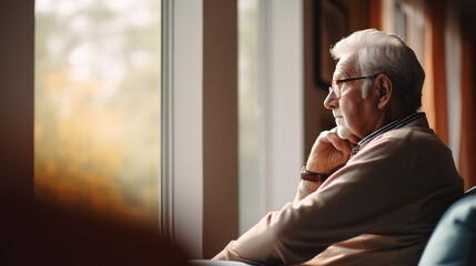 Pensive Senior Man Gazing Through Window. Reflective Mood and Elderly Contemplation Concept