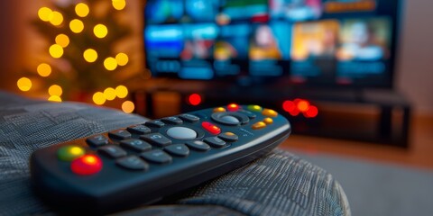 Remote Control in Hand with Festive Holiday Lights and TV in the Background, Generative AI