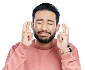 Good luck, fingers crossed and young man with hope for success, promotion or announcement. Lottery, winner and Asian male person with wish for nervous or belief isolated by transparent png background