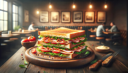 Sandwich on a wooden board on a cafe table. Creative Banner. Copyspace image