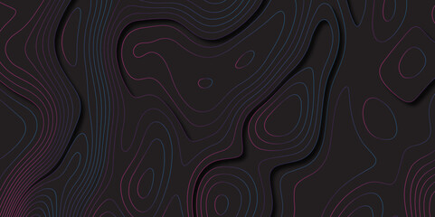 Abstract black colorful gradient Topographic line map pattern background with shadow. Contour elevation topographic and textured Background Modern design with black background topographic wavy patte.