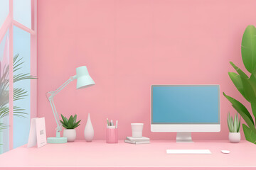 Room Interior Design Featuring Furniture, Sofa, Table, Lamp, and Computer in a pink-themed Living Space