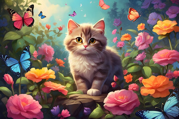 Create a short story or poem inspired by this adorable illustration of a mischievous cat exploring a magical garden filled with vibrant flowers and fluttering butterflies.