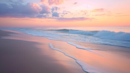 Sunrise Serenity: tranquil beauty of a sandy beach at sunrise, with soft pink and orange hues illuminating the sky and reflecting off the gentle ocean waves, nature