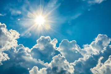 "Azure Radiance" Capture the brilliance of a bright sun illuminating the sky,  crisp white clouds, encompassing the expansive sky