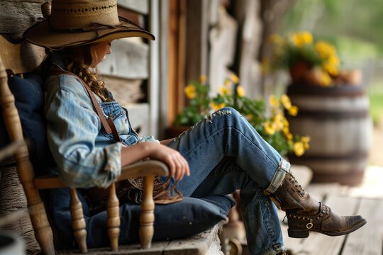 Country living scene of a young cowgirl is sitting in a wooden chair.