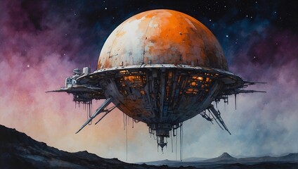 A decrepit, neon-lit deep space probe floats amidst an eerie dystopian landscape in this watercolor painting.