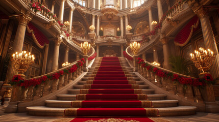 Background The grand staircase of a castle is the perfect location for you to showcase your princesslike gown creating a dreamy and magical red carpet moment.