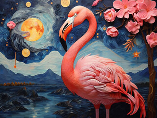 Pink Flamingo and Starry Night Sky Inspired by Van Gogh