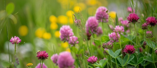 Biodiversity and landscaping in garden flower beds with wild trifolium flowers.