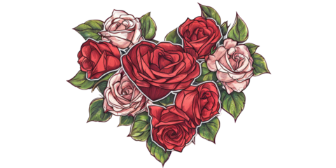 bouquet of roses in the shape of a heart, conveying a message of love and romance on a clean white surface.