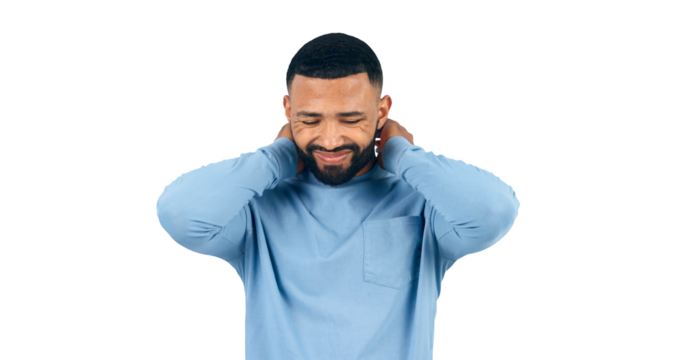 Headache, neck pain and young man with medical emergency, injury or accident for muscle sprain. Sick, migraine and person with stress from burnout or brain fog isolated by transparent png background. - Powered by Adobe