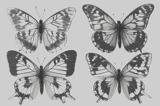 Vector set of butterflies. Black silhouette of butterflies hand-drawn on a white background.