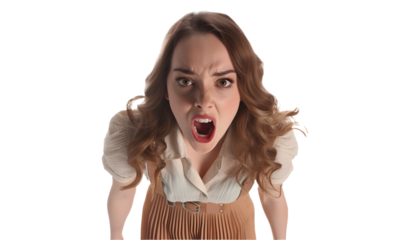 isolated on transparent background. photo from above high angle. Elizabeth Gillies. she is fighting yelling shaking fist.