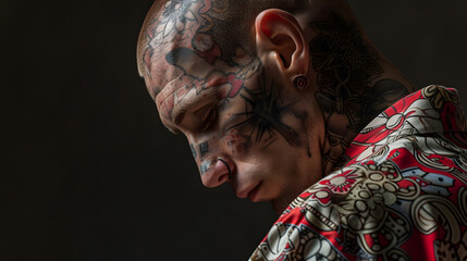 A powerful portrait of a person with piercing eyes and a face covered in traditional tribal tattoo patterns, evoking a sense of cultural depth and identity. AI