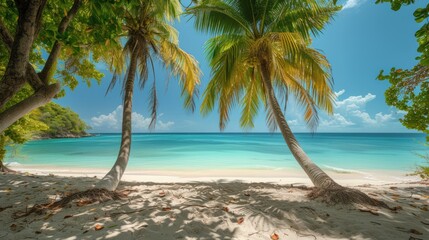 A beautiful exotic beach with palm trees, white sand and blue