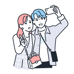Fototapeta premium スマートフォンで写真を撮るカップルのシンプルなベクターイラスト素材