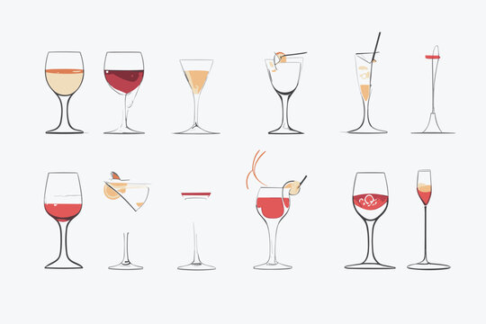 Collection of different glass and wineglass or drink cocktails. Minimal linear trendy style. Line icons for logo in restaurant or bar. Vector.