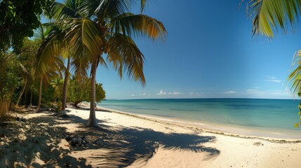 Fototapeta na wymiar A beautiful exotic beach with palm trees, white sand and blue