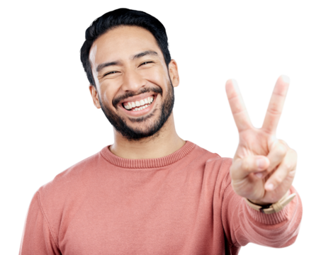 Peace, hands and portrait of happy asian man with winner sign on isolated, transparent or png background. V, emoji or Japanese model face with thank you, vote or feedback support, gesture or icon - Powered by Adobe