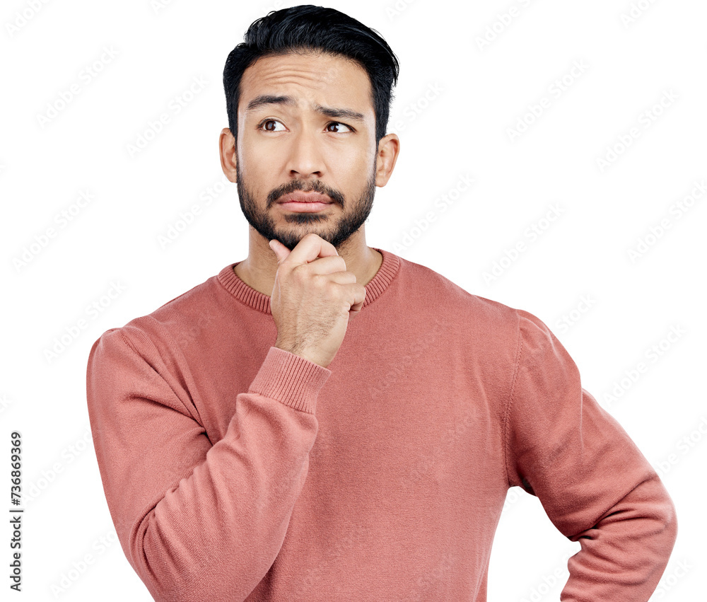 Poster confused, thinking and young man with ideas, decision and choice facial expression for question. pla