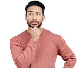 Confused, thinking and young man with ideas, decision and choice facial expression for question....
