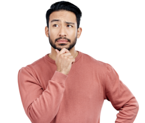 Confused, thinking and young man with ideas, decision and choice facial expression for question. Plan, brainstorming and Asian person with problem solving face isolated by transparent png background.
