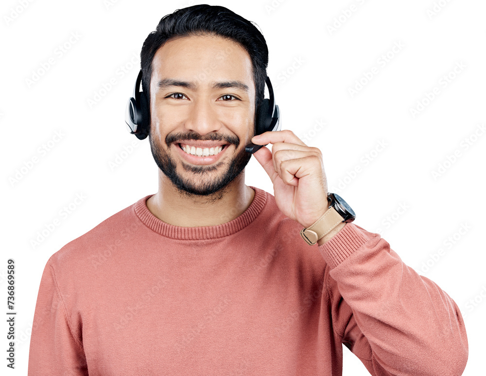 Poster man, portrait and call center, headphones with mic for communication and crm isolated on png transpa