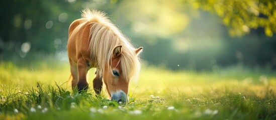 a small pony is grazing in a field of grass . High quality