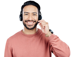 Man, portrait and call center, headphones with mic for communication and CRM isolated on png...
