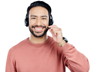 Man, portrait and call center, headphones with mic for communication and CRM isolated on png transparent background. Smile for customer service, telecom and help desk with Asian agent and advice