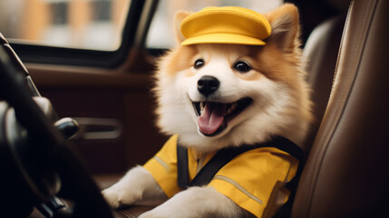 Close-up of a cute smiling dog in a yellow taxi driver uniform driving a car.