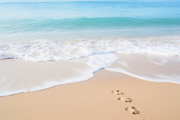 Fototapeta na wymiar Tranquil Beach Scene with Gentle Waves and Footprints in Sand. Serene Seashore Concept