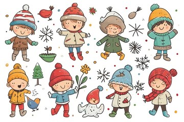 Cartoon cute doodles of characters experiencing the changing seasons through various activities, from gardening to snowball fights, Generative AI