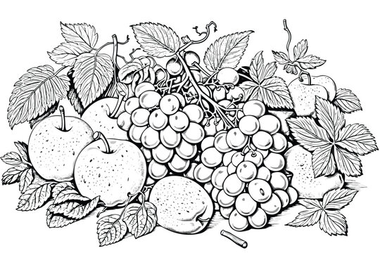 Fruit and berries set with leaves and branch: apple, pear, cherry, grape, lemon, citrus, strawberry, hand drawn ink outline sketch doodle icon collection, vintage design for coloring book page.