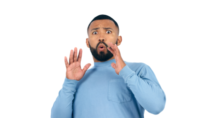 Shock, surprise and portrait of man with wow and omg facial expression for information or fake news. Worry, drama or alert face of model from brazil, wtf or isolated on a transparent png background