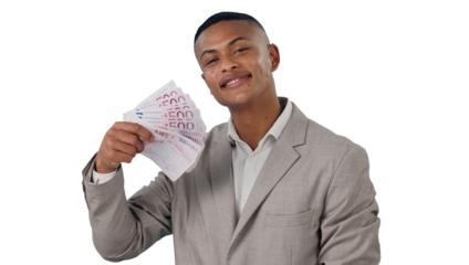 Money fan, portrait and business man with poker reward on isolated, transparent or png background. Cash, face or male investor with lottery success, payment and startup profit growth or loan cashback