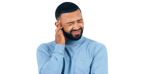 Stress, headache and man in studio with pain, pressure or vertigo on white background. Burnout, anxiety and face of male model with temple massage for brain fog, tinnitus or migraine, mistake or fail