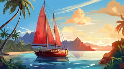 Rolgordijnen Old sailboat floating on calm blue water of sea. © Ashley