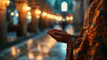 Young muslim woman prayer hijab pray to God on blur mosque background concept for eid mubarak, life and soul fasting of international islamic ramadan sunlight - obrazy, fototapety, plakaty