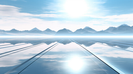 Minimalist landscape of silver and white rays sunrises over a flat reflective surface or mirror lake