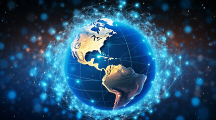 Network of blue and white glowing seamless interconnected lines of dynamic energy flow over earth