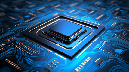 Blueish electronic circuit board, processor or conductive lines background