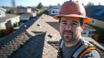 A man or construction worker wearing a hard hat on the roof of a house.