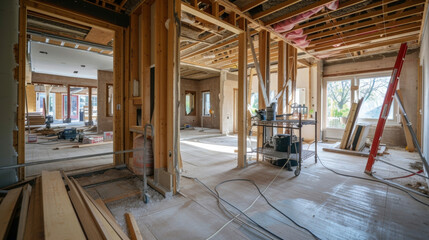 In the midst of a wholehome renovation a general contractor is in constant communication with all subcontractors ensuring that each part of the project is being completed - obrazy, fototapety, plakaty