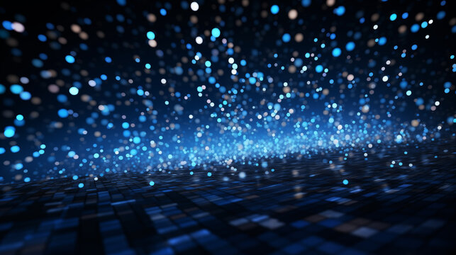 Abstract background of light blue bokeh and black futuristic chromatic waves pattern of dots