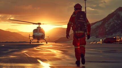 A paramedic runs up to the landing helicopter