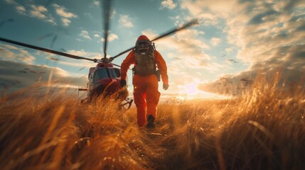 A paramedic runs up to the landing helicopter