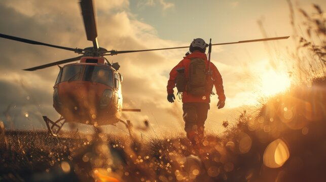 A paramedic runs up to the landing helicopter